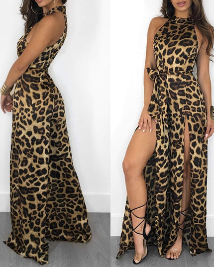 Women Sexy Mock Neck Sleeveless Leopard Print Split Jumpsuit Rompers Clubwear