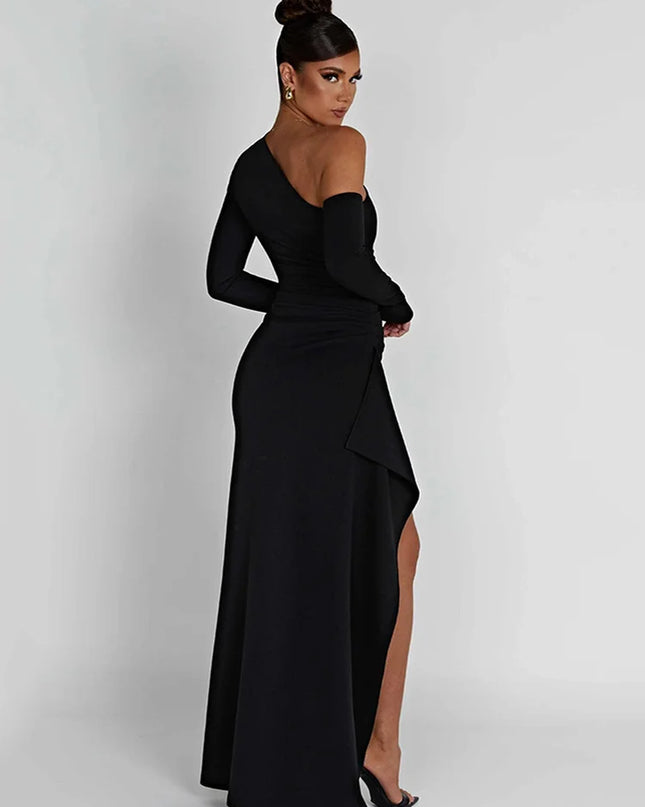 Oblique Shoulder Thigh High Split Maxi Dress Women Long Sleeve Backless Bodycon Sexy Club Party Long Dress Vestidos
