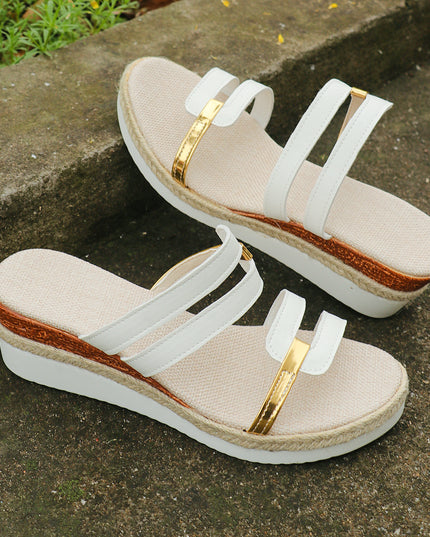 Colorblock-Strap Wedges Sandals Summer Fashion Hemp Heel Slides Slippers Outdoor Thick Bottom Fish Mouth Shoes for Women