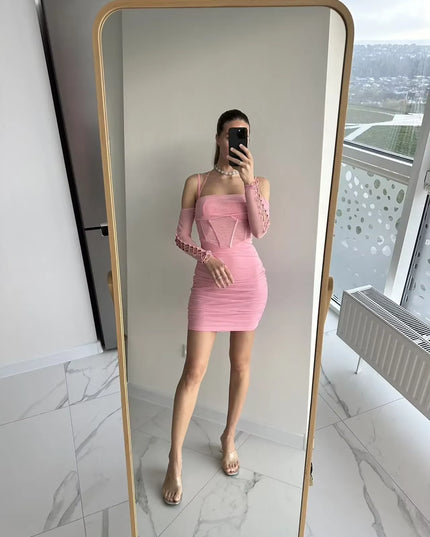Mingmingxi Elegant off the Shoulder Mesh Dress Sexy Halter Boning Bodycon Birthday Party Dresses Pink Summer Dresses Women