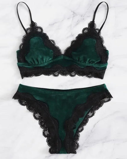 Solid Comfy Velvet Lingeries for Women Floral Lace Gathered Bras and Thong Set 2Pcs Seductive Lingerie Sexy Sleepwear Pajama Set