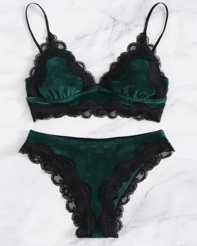 Solid Comfy Velvet Lingeries for Women Floral Lace Gathered Bras and Thong Set 2Pcs Seductive Lingerie Sexy Sleepwear Pajama Set