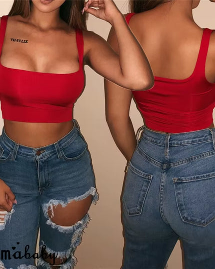 Sexy Women Solid Strappy Tank 2019 Vest Crop Top Summer Beach Party Sleeveless Slash Neck Tanks Woman Girls Bralette Tank Top