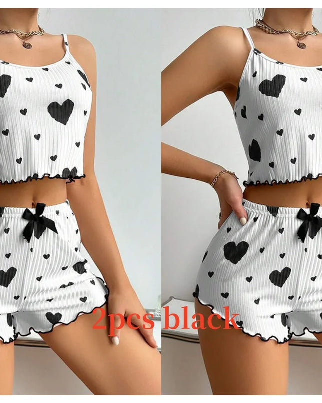 Women'S Pajamas Set Sleepwear 2 PCS Short Tank Tops and Shorts S M L White Ventilate Soft Casual Love Printing