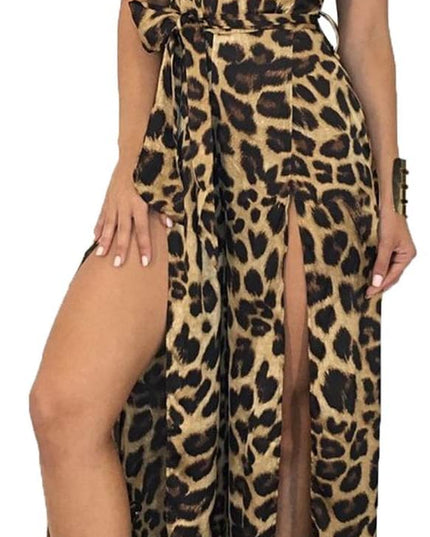Women Sexy Mock Neck Sleeveless Leopard Print Split Jumpsuit Rompers Clubwear