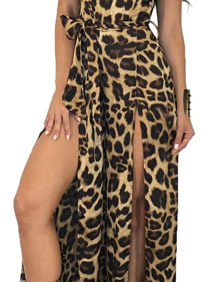 Women Sexy Mock Neck Sleeveless Leopard Print Split Jumpsuit Rompers Clubwear