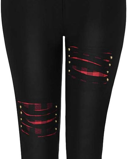 Leggings for Women plus Size Plaid Patchwork High Waist Skinny Stretchy Casual Work Pants (Black, XL)