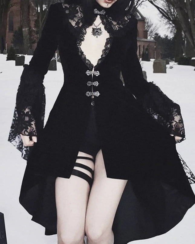 Women Gothic Lace Dress V Neck Hollow Out Flare Long Sleeve Dress Halloween Cosplay Costume Masquerade Party Dress up Vestidos