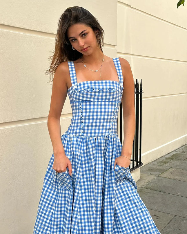 Summer Elegant and Beautiful Women Dresses 2024 Midi Blue and White Plaid Dress with Pocket Female Vacation Dress