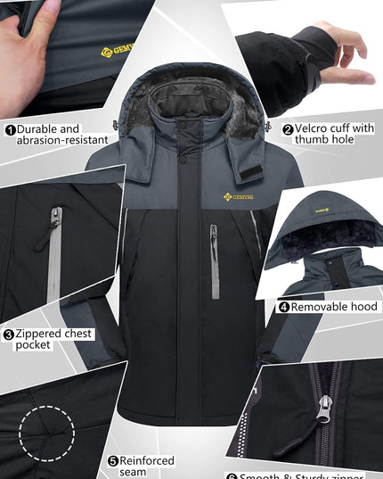 Men'S Windproof Ski Jacket Warm Raincoats Snowboarding Hooded Parka with Multi-Pockets