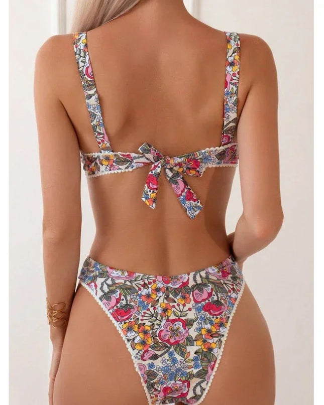 Sexy Flower Print Push up Bikinis Sets 2025 Women Underwired Swimwear High Waist Swimsuits Back Knotted Beach Wear Bathing Suit