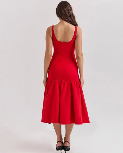 Midi Holiday Dress 2024 New Arrivals Red Spaghetti Strap Elegant Hem Dress Casual Birthday Party Dresses