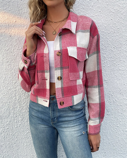 Plaid Lapel Cropped Jacket with Pockets Fashion Button Long Sleeve Short Outwear Tops Coat for Womens Clothing