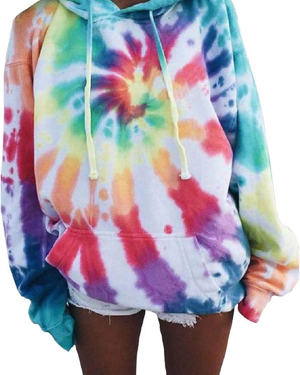 Womens Tie Dye Hoodie V Neck Long Sleeve Loose Pullover Casual Drawstring Hooded Sweatshirts Tops Red