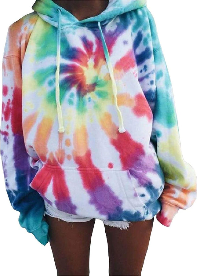 Womens Tie Dye Hoodie V Neck Long Sleeve Loose Pullover Casual Drawstring Hooded Sweatshirts Tops Red