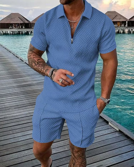New 2025 Men'S Polo Suit Fashion Men Sets Solid Summer V-Neck Zipper Short Sleeve POLO Shirt+Shorts Two Pieces Men Casual Suit