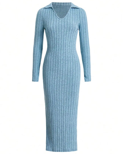 2024 New Women'S Sexy Knitted V-Neck Reverse Collar Split Dress Autumn/Winter Long Sleeve Elastic Basic Body Sweater