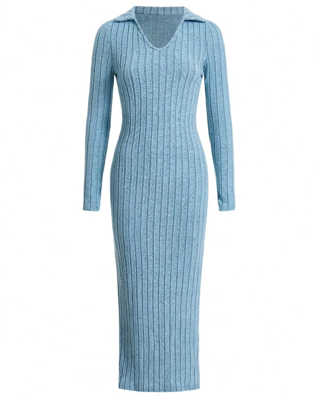 2024 New Women'S Sexy Knitted V-Neck Reverse Collar Split Dress Autumn/Winter Long Sleeve Elastic Basic Body Sweater