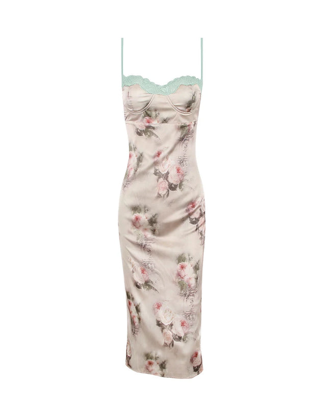 Wedding Guest Dresses for Women 2023 Summer Satin Dress Stretchy Evening Party Dress Floral Elegant Night Club Festival Outfit