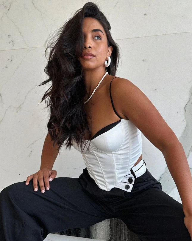 Thick Satin Bustier Corset Crop Top with Chest Pads Spaghetti Strap White Bodycon Top Summer Women Tops with Fishbone