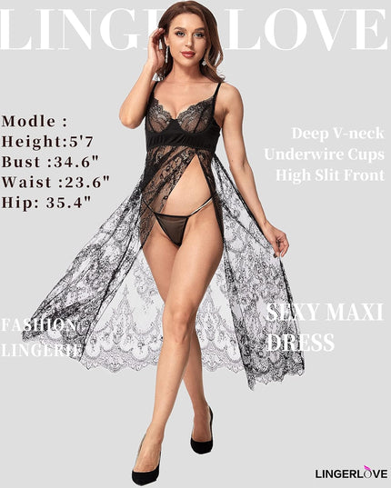 Women Sexy Lingerie Lace High Slit Maxi Long Gown Sheer Dress with Underwire S-4XL