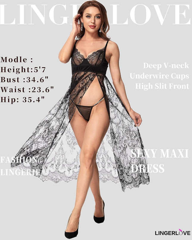 Women Sexy Lingerie Lace High Slit Maxi Long Gown Sheer Dress with Underwire S-4XL