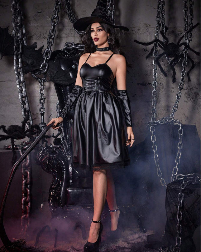 Women'S Spaghetti Strap Backless Elegant Dress, Long Gloves and Charming Necklace Set (Dress, Gloves, Necklace), Black Halloween Dress