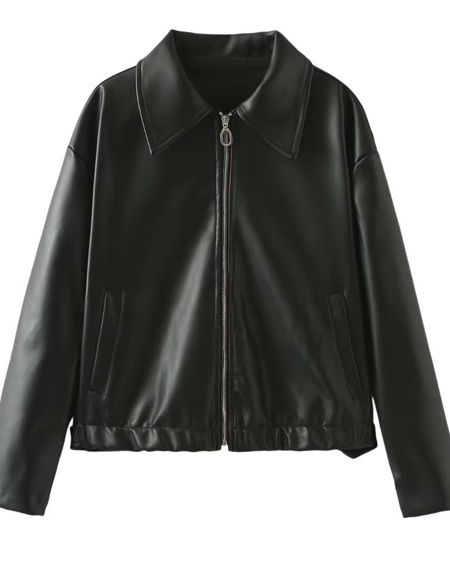 Solid Color Lapel Zipper Jacket Fashion Casual Long Sleeve Leather Coat Tops Women Clothing