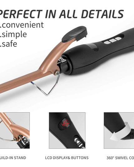9Mm Thin Curling Iron Ceramic, 3/8 Inch Small Barrel Hair Curling Wand for Long & Short Hair, LCD Display with 9 Heat Setting Include Glove(Golden)