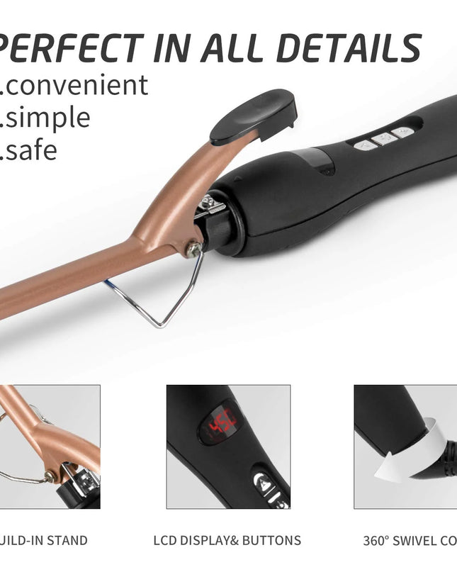 9Mm Thin Curling Iron Ceramic, 3/8 Inch Small Barrel Hair Curling Wand for Long & Short Hair, LCD Display with 9 Heat Setting Include Glove(Golden)