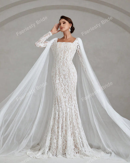Faeriesty Elegant Square Neckline Long-Sleeve Mermaid Wedding Dress Bridal Gown with Sheer Organza Cape Detailing – Perfect for Church Ceremonies, Formal Galas, Destination Weddings, Luxurious Evening Receptions, and Grand Cathedral Celebrations