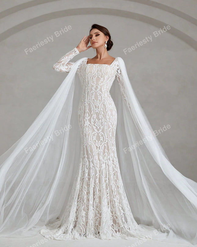 Faeriesty Elegant Square Neckline Long-Sleeve Mermaid Wedding Dress Bridal Gown with Sheer Organza Cape Detailing – Perfect for Church Ceremonies, Formal Galas, Destination Weddings, Luxurious Evening Receptions, and Grand Cathedral Celebrations