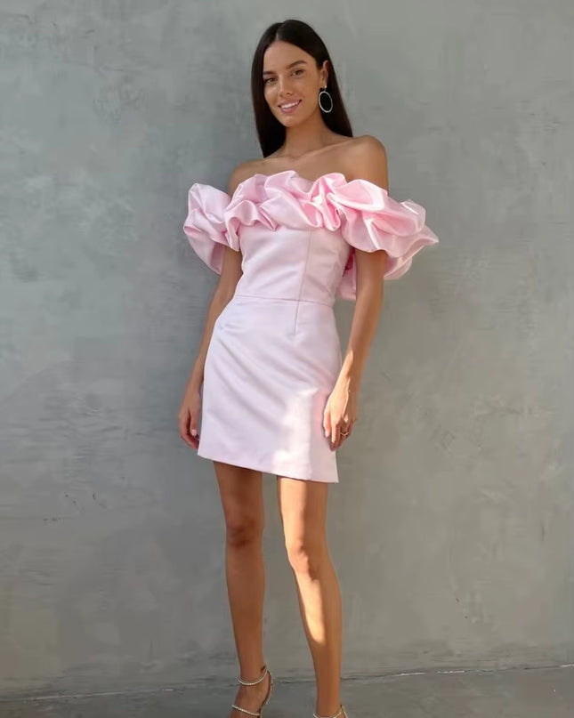 Clearance Sale ! Summer White Ruffle Party Dresses Elegant off the Shoulder Wedding Guest Dress Elastic Satin Women'S Clothing