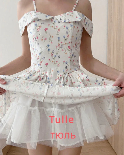 Fashion Summer Dresses 2024 Floral Print Short Party Dresses off the Shoulder Tulle Dress a Line Women'S Clothing