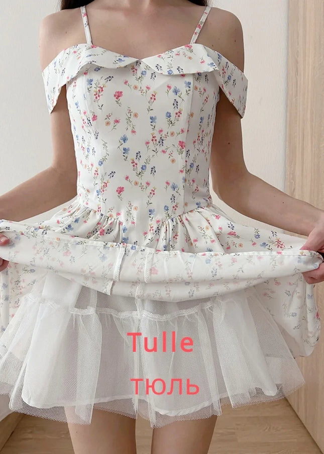 Fashion Summer Dresses 2024 Floral Print Short Party Dresses off the Shoulder Tulle Dress a Line Women'S Clothing