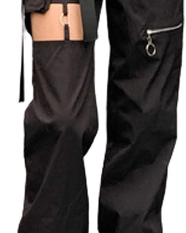 Womens High Waisted Cargo Pants Hollow Punk Pants Pockets Casual Loose Combat Twill Trousers with Belt (Black, L)