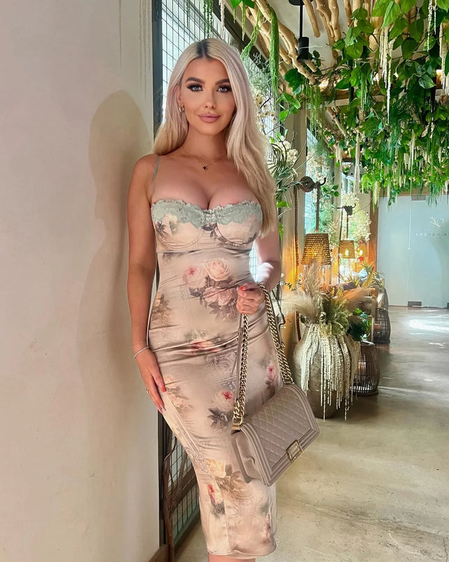 Spaghetti Strap Lace Print Midi Dress for Women Robe Strapless Backless High Waist Bodycon Club Party Long Dress