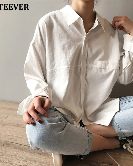 Minimalist Loose White Shirts for Women Turn-Down Collar Solid Female Shirts Tops 2020 Spring Summer Blouses