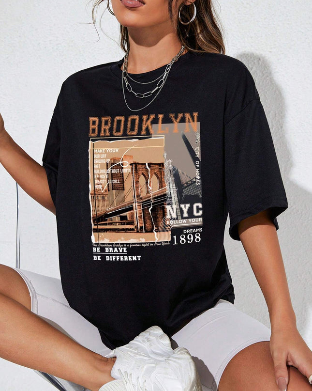 INAWLY Street View and Slogan Graphic Drop Shoulder Tee MAKE YOUR OWN WAY GROWING up FAST BUILDING without LIMITS a PLACE in the CITY to CALL HOME CITY of HOMES NYC FOLLOW YOUR DREAMS 1898 the Brooklyn Bridge Is a Famous Sight in New York BE BRAVE BE DIFFERENT Graphic Tees Women Tops