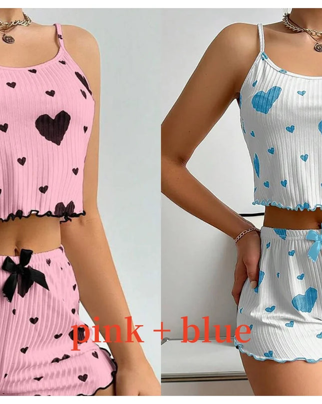 Women'S Pajamas Set Sleepwear 2 PCS Short Tank Tops and Shorts S M L White Ventilate Soft Casual Love Printing