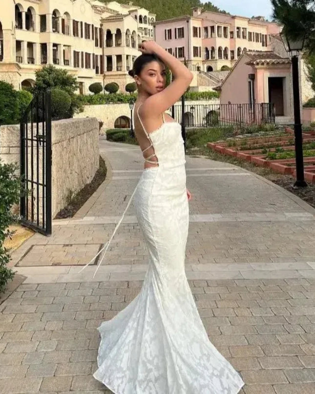 Elegant and Beautiful Dress Women 2024 White Backless Wedding Guest Dress Sexy Lace up Long Normal Party Dresses