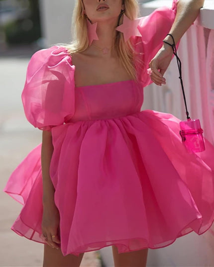 Women'S off Shoulder Puffy Sleeve Mini Dress Tulle Princess Dress Ruffle Mesh Wedding Evening Party Prom Mini Dress