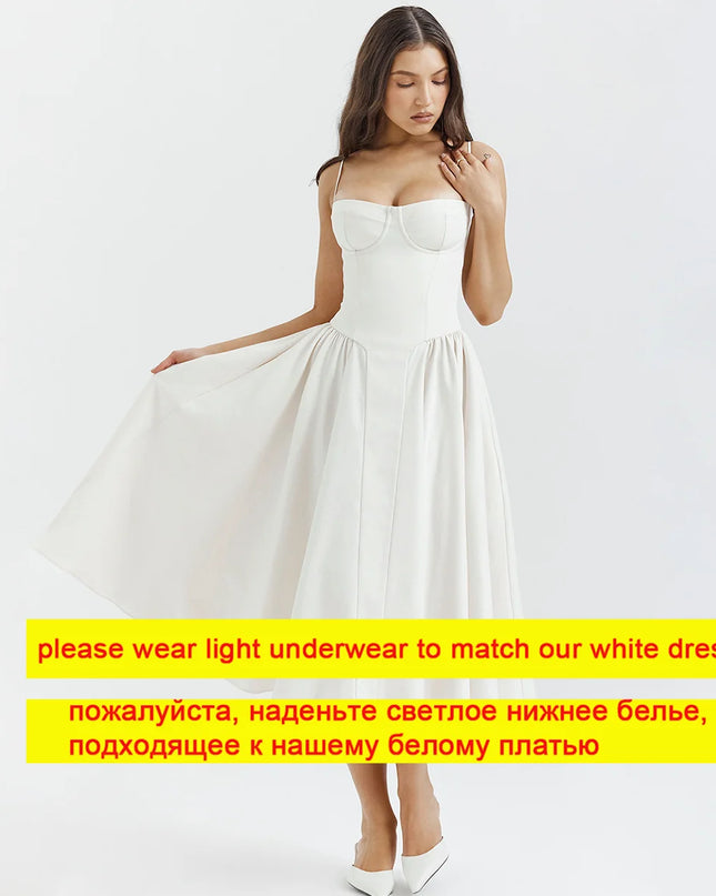 Summer Elegant Midi Spaghetti Strap Dresses Slim V Neck a Line Party Dress Khaki Casual Dress Women'S Clothing