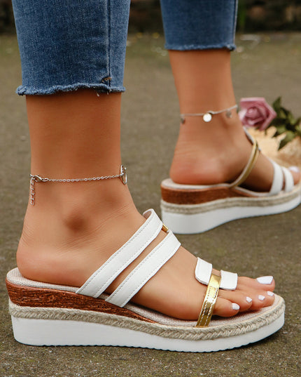 Colorblock-Strap Wedges Sandals Summer Fashion Hemp Heel Slides Slippers Outdoor Thick Bottom Fish Mouth Shoes for Women