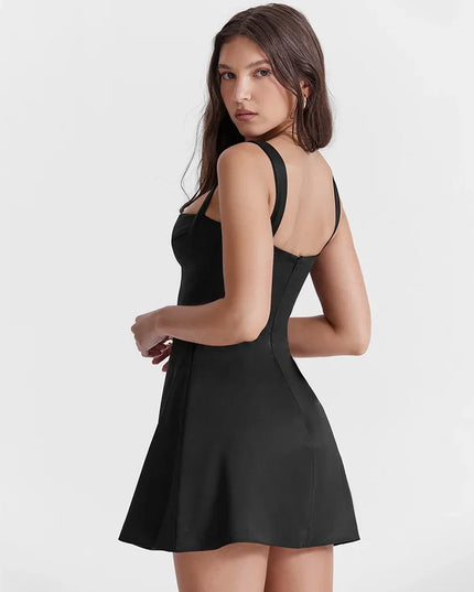 Mingmingxi Summer Lovely Spaghetti Strap a Line Dress Elegant Satin Black Holiday Party Dresses High Strecth Women Dresses 2023