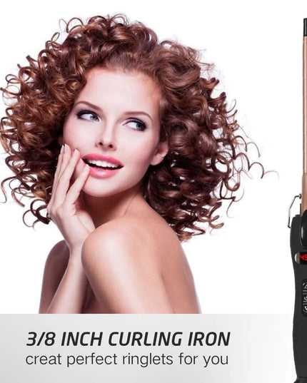 9Mm Thin Curling Iron Ceramic, 3/8 Inch Small Barrel Hair Curling Wand for Long & Short Hair, LCD Display with 9 Heat Setting Include Glove(Golden)
