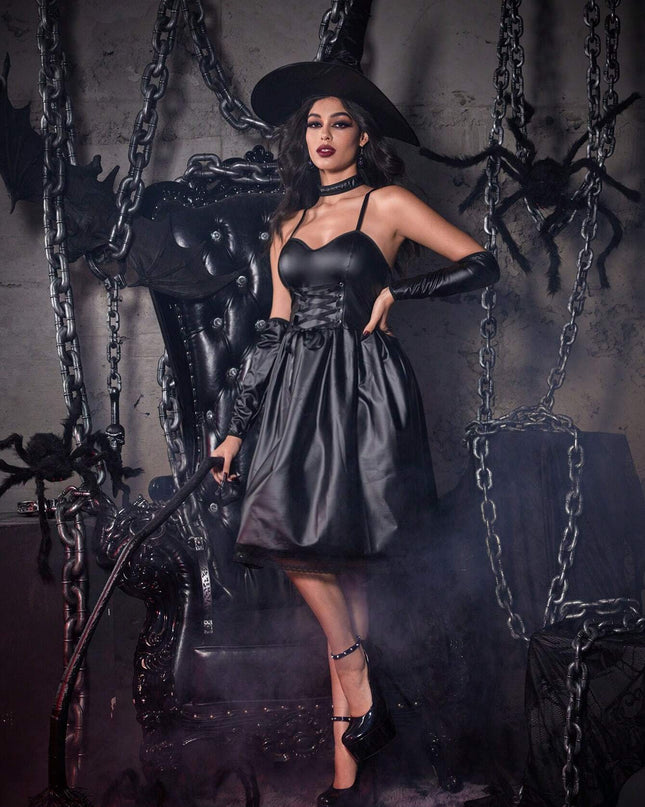 Women'S Spaghetti Strap Backless Elegant Dress, Long Gloves and Charming Necklace Set (Dress, Gloves, Necklace), Black Halloween Dress