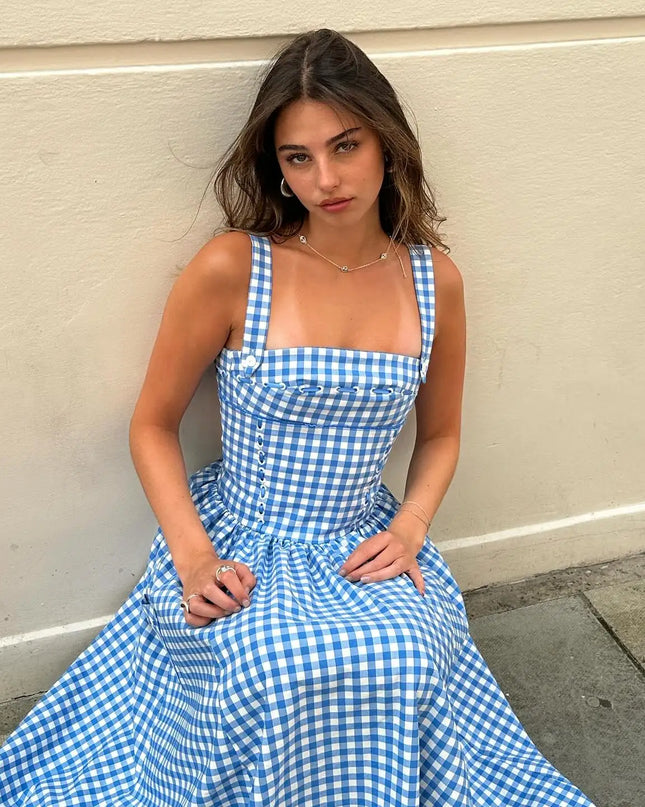 Summer Elegant and Beautiful Women Dresses 2024 Midi Blue and White Plaid Dress with Pocket Female Vacation Dress