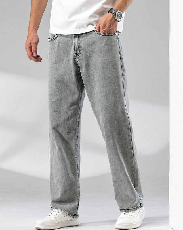Manfinity Hypemode Men\ Solid Straight Leg Jeans, Grey Baggy Jeans Men, Loose Jeans Pants for Men, Men'S Grey Jeans, Baggy Jeans