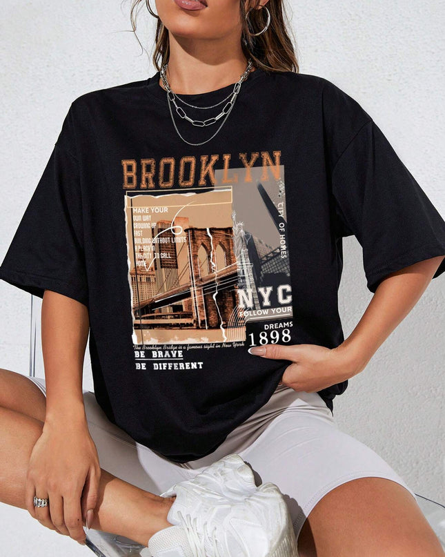 INAWLY Street View and Slogan Graphic Drop Shoulder Tee MAKE YOUR OWN WAY GROWING up FAST BUILDING without LIMITS a PLACE in the CITY to CALL HOME CITY of HOMES NYC FOLLOW YOUR DREAMS 1898 the Brooklyn Bridge Is a Famous Sight in New York BE BRAVE BE DIFFERENT Graphic Tees Women Tops